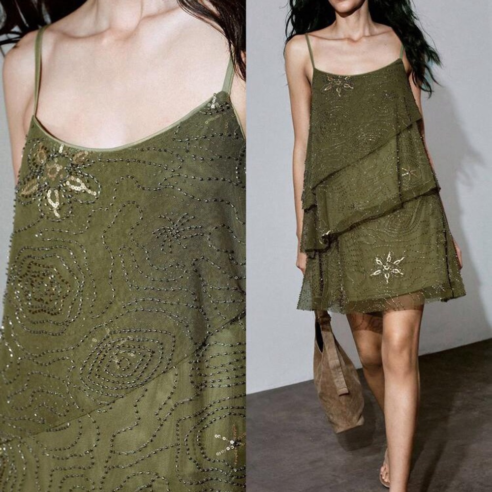 ZARA OLIVE GREEN BEADED DRESS